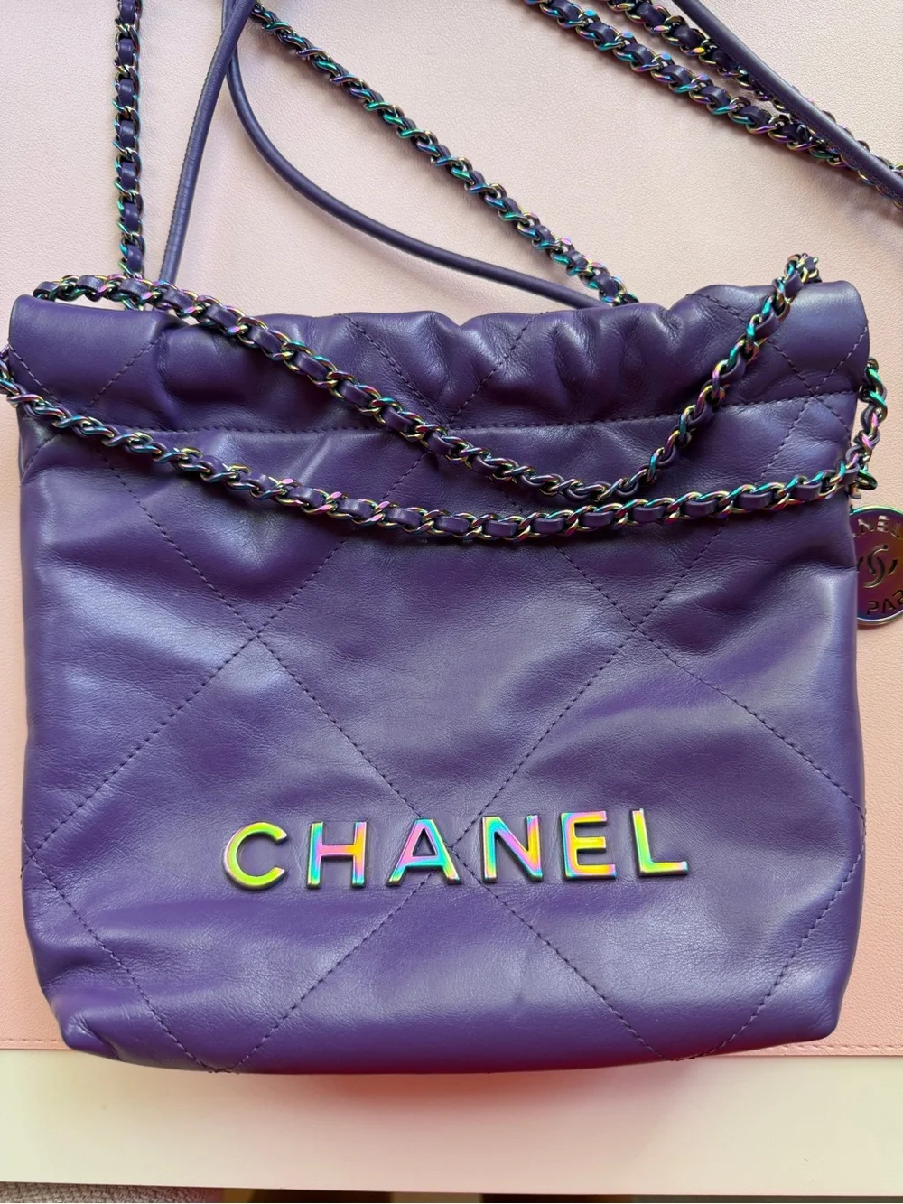 CHANEL Purple Quilted Leather Shoulder/Crossbody Bag with Iridescent Chain